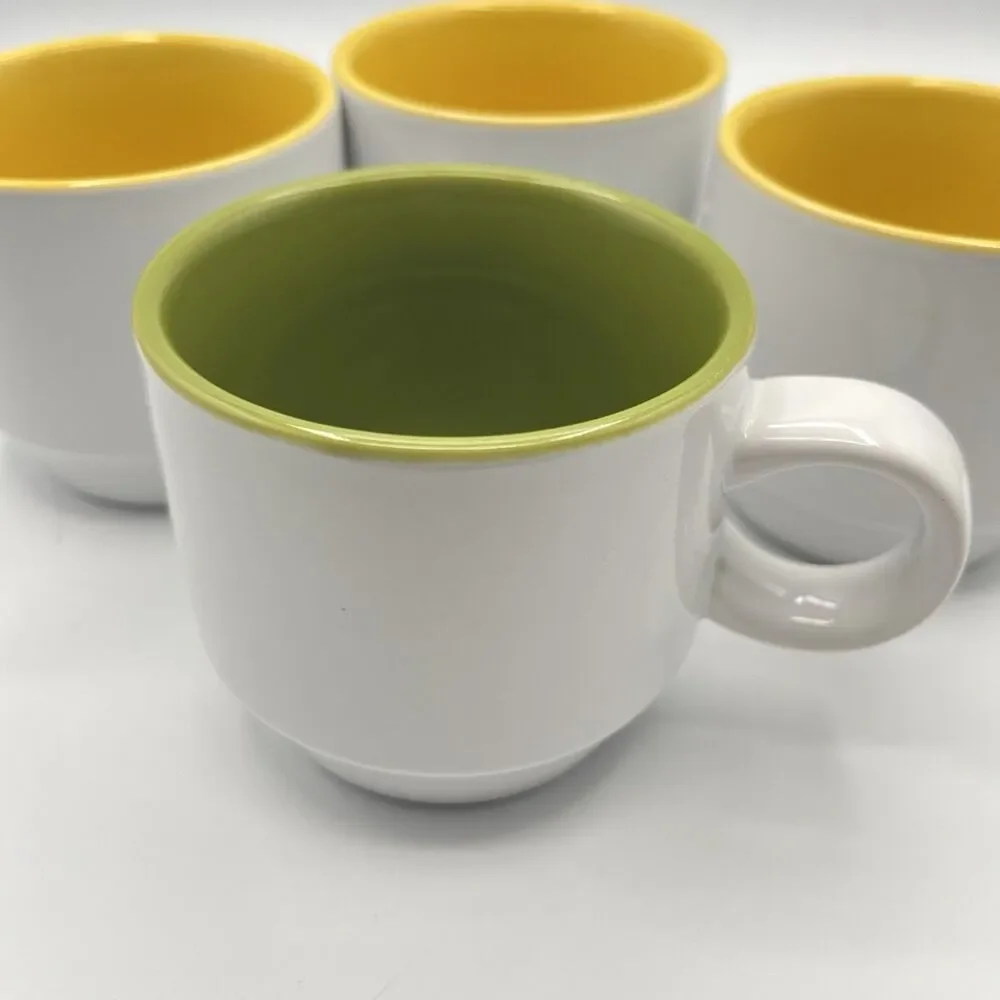 Crate and Barrel Stackable Cups Mugs White with 1 Green and 3 Yellow inside